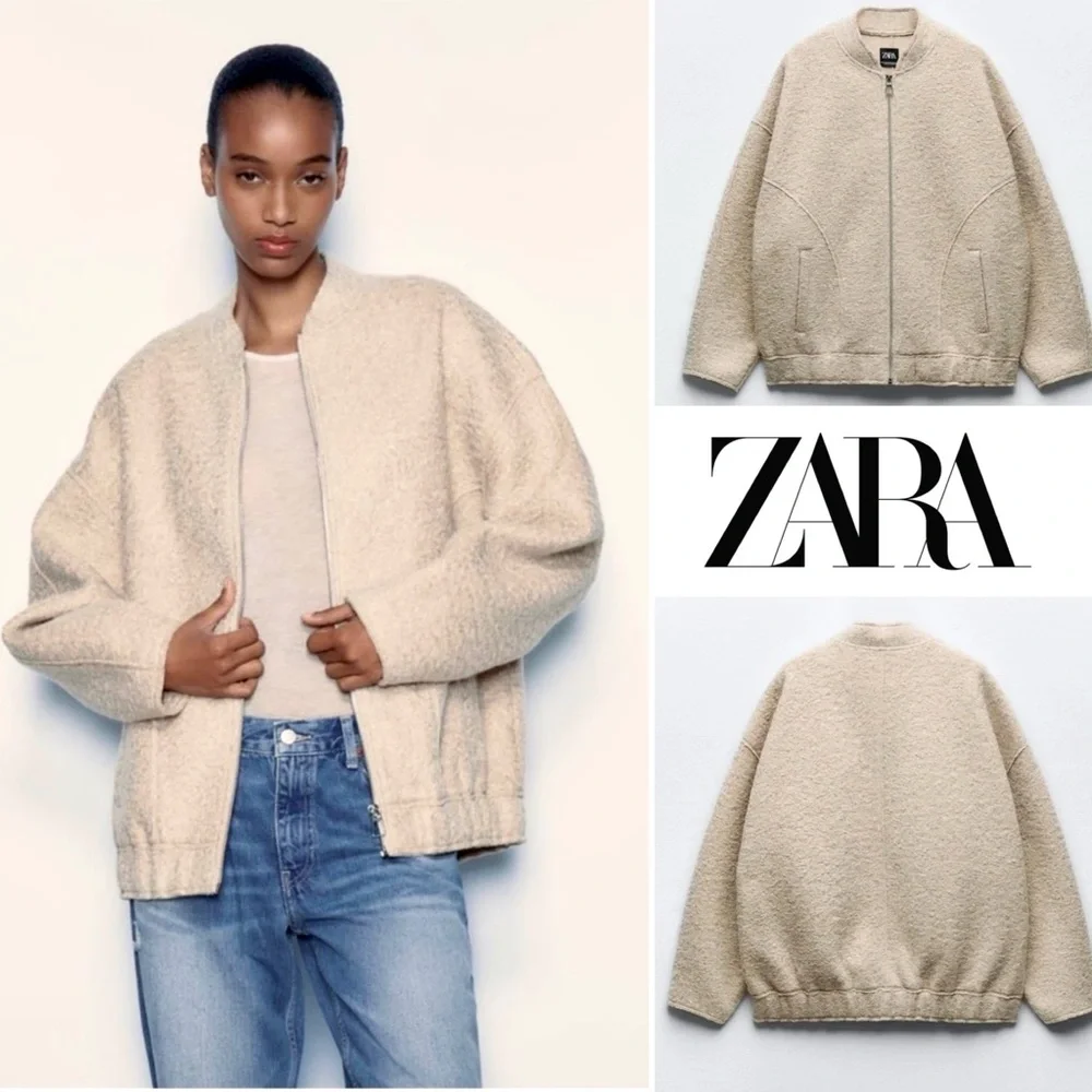 ZARA 5070/642 Textured Bouclé Bomber Jacket Sand Beige XS Oversized Quiet Luxury - Picture 3 of 16